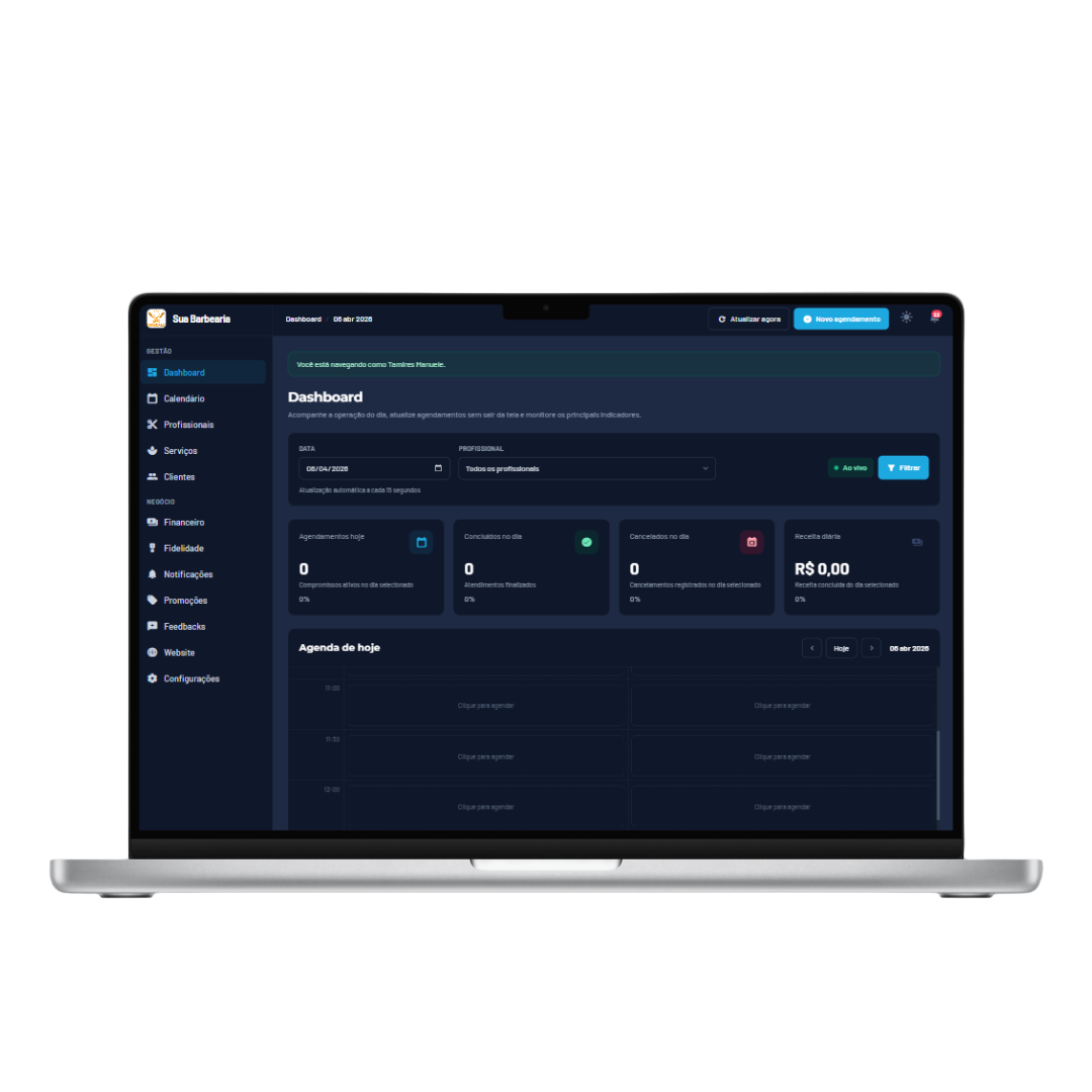 Dashboard do W2Studio exibido em notebook com agenda, indicadores e gestão operacional